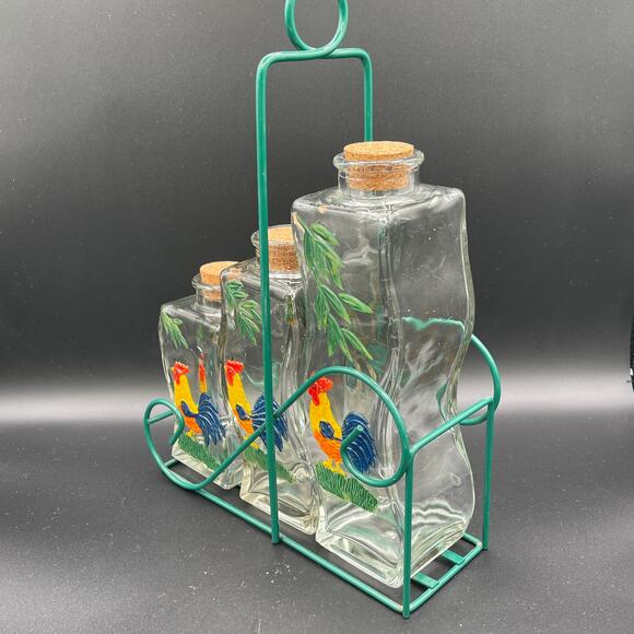 Vintage Hand Painted Rooster Jars with Corks and Carrier - Picture 5 of 9